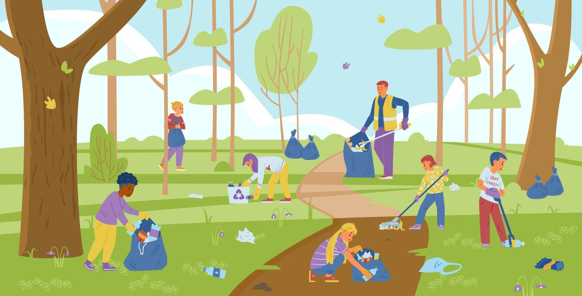 groupe d'enfants bénévoles avec un adulte ramassant des ordures dans la forêt. illustration vectorielle. vecteur
