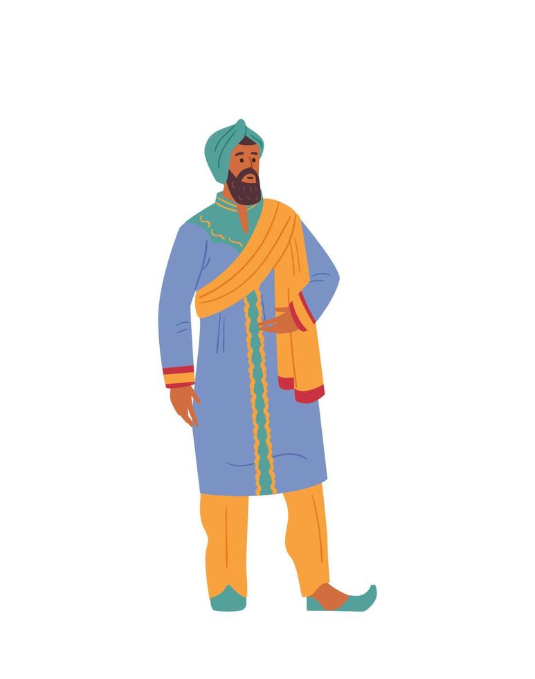 homme indien en tenue traditionnelle debout. illustration vectorielle de personnage masculin asiatique. isolé sur blanc. vecteur