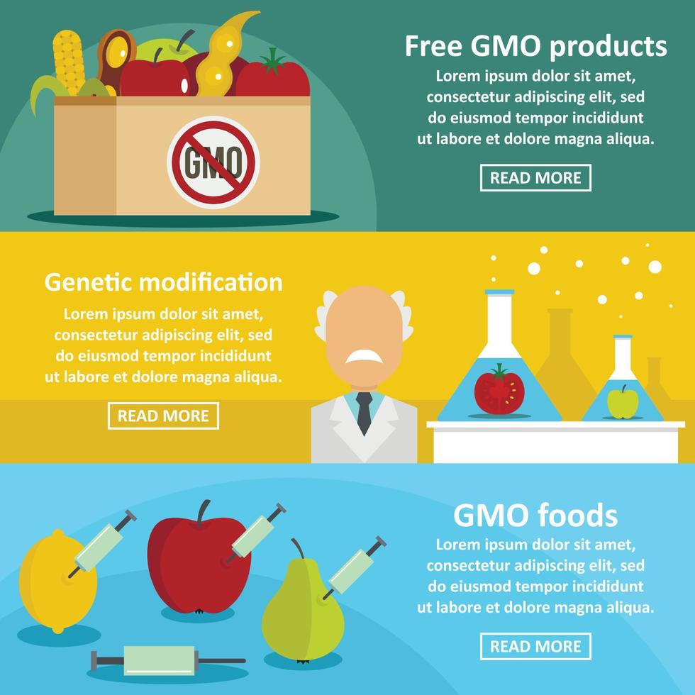 ensemble horizontal de bannière de produits ogm, style plat vecteur