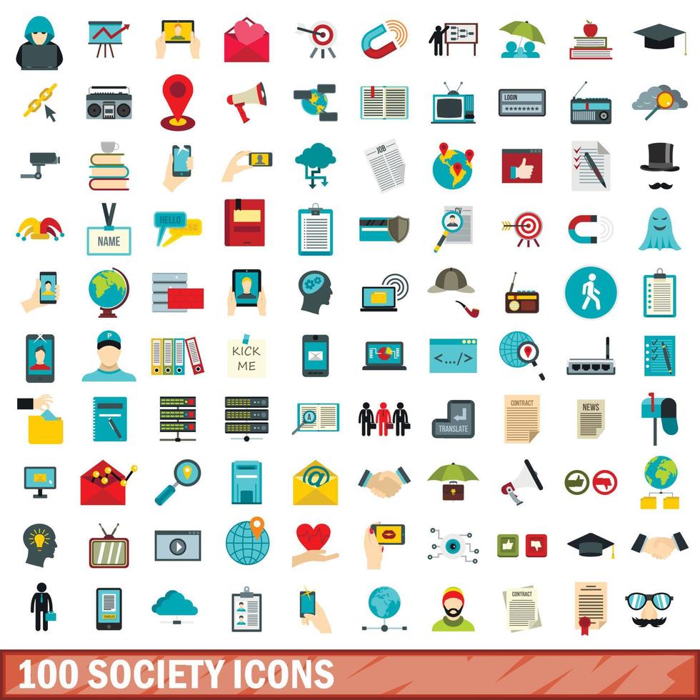 Ensemble de 100 icônes de la société, style plat vecteur