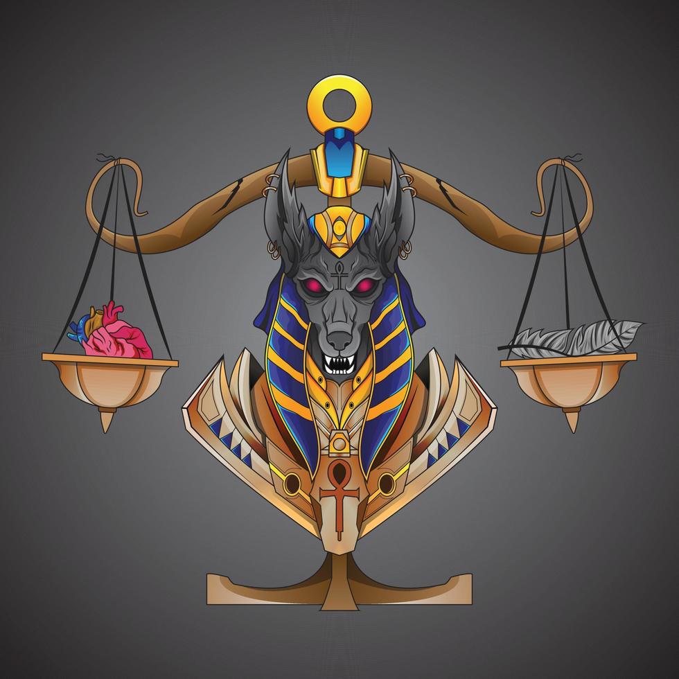 le dieu égyptien anubis mesure le cœur humain et le stylo sur des échelles sacrées. Dieu de la mort vecteur