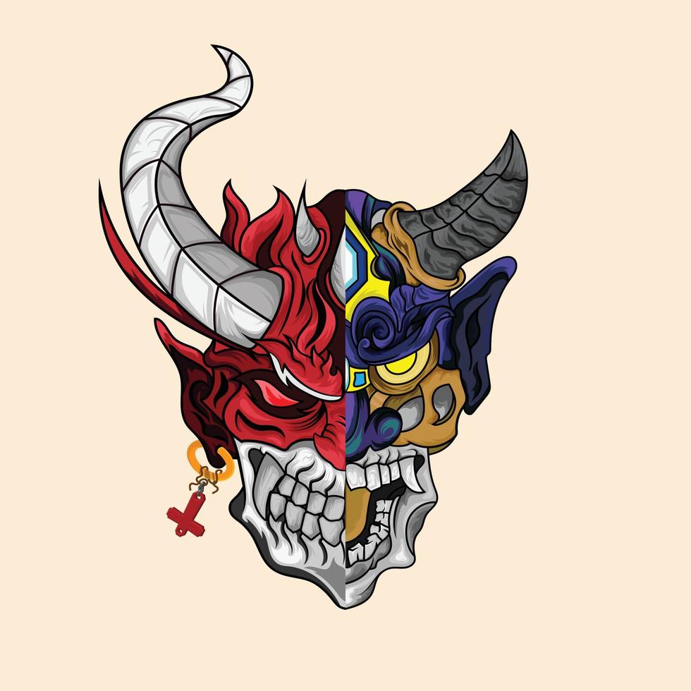masque oni diable foor tatouages illustration de masque de démon japonais effrayant noir et blanc vecteur