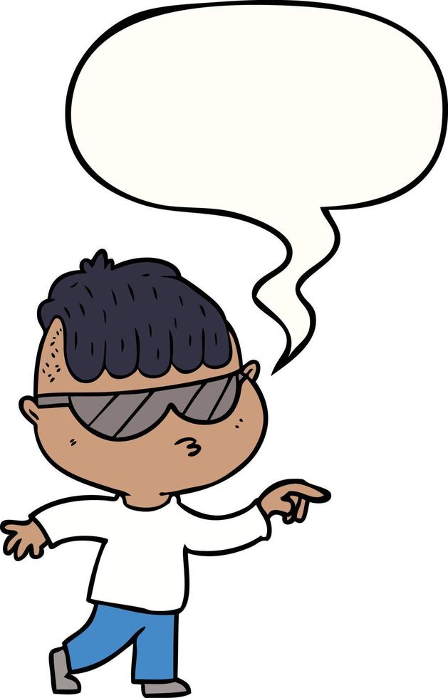 dessin animé garçon portant des lunettes de soleil pointant et bulle de dialogue vecteur