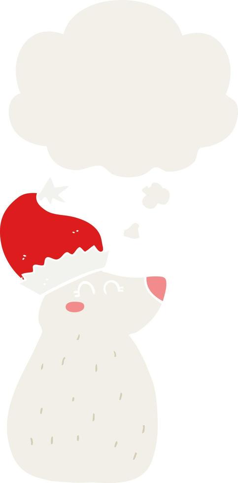 dessin animé ours portant chapeau de noël et bulle de pensée dans un style rétro vecteur