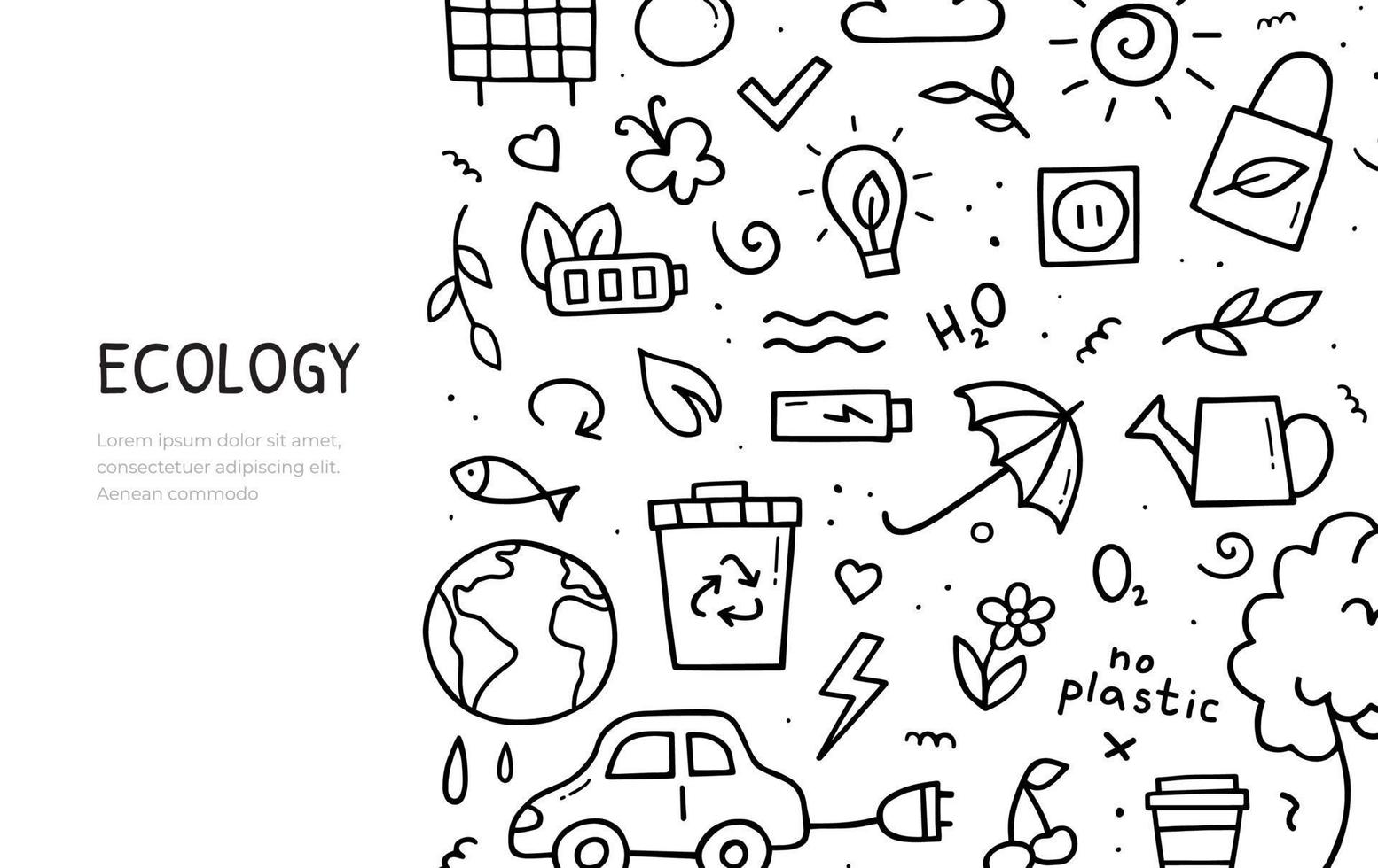 ensemble de doodle dessinés à la main d'éléments thématiques sur l'écologie. modèle de bannière horizontale. illustration vectorielle. vecteur