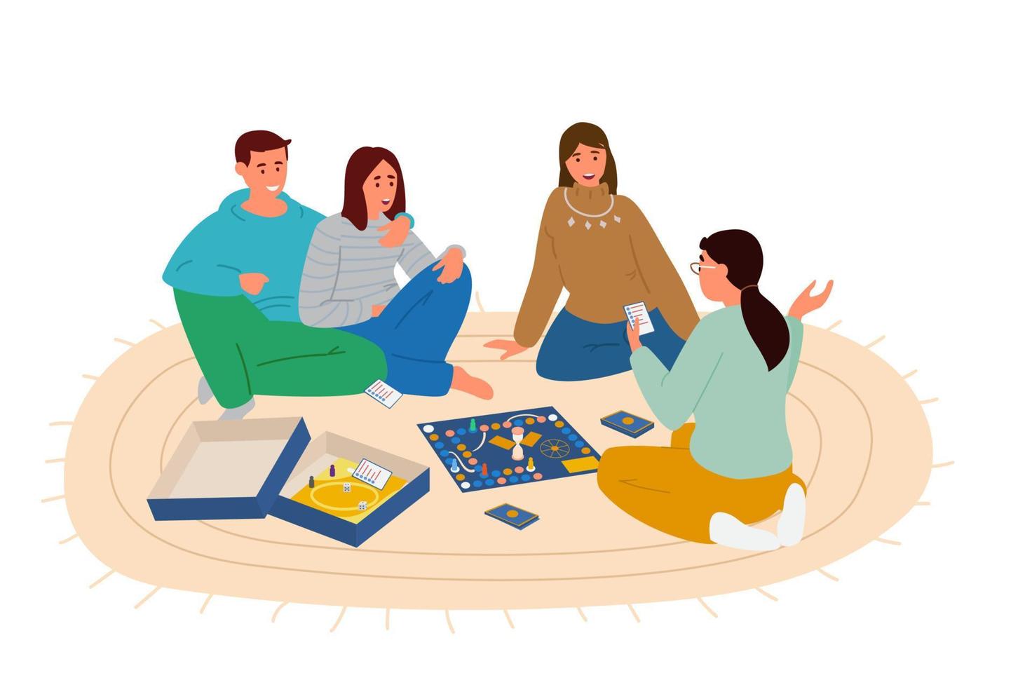 groupe d'amis jouant au jeu de société assis sur l'illustration vectorielle de sol. femme expliquant les mots de la carte à jouer. isolé sur blanc. vecteur