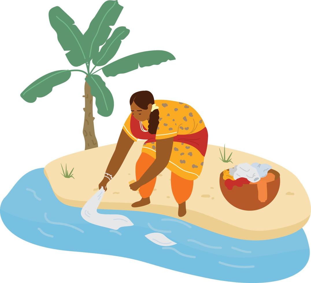 illustration vectorielle d'une femme indienne en vêtements traditionnels faisant la lessive dans la rivière. lavage des mains. isolé sur blanc. vecteur