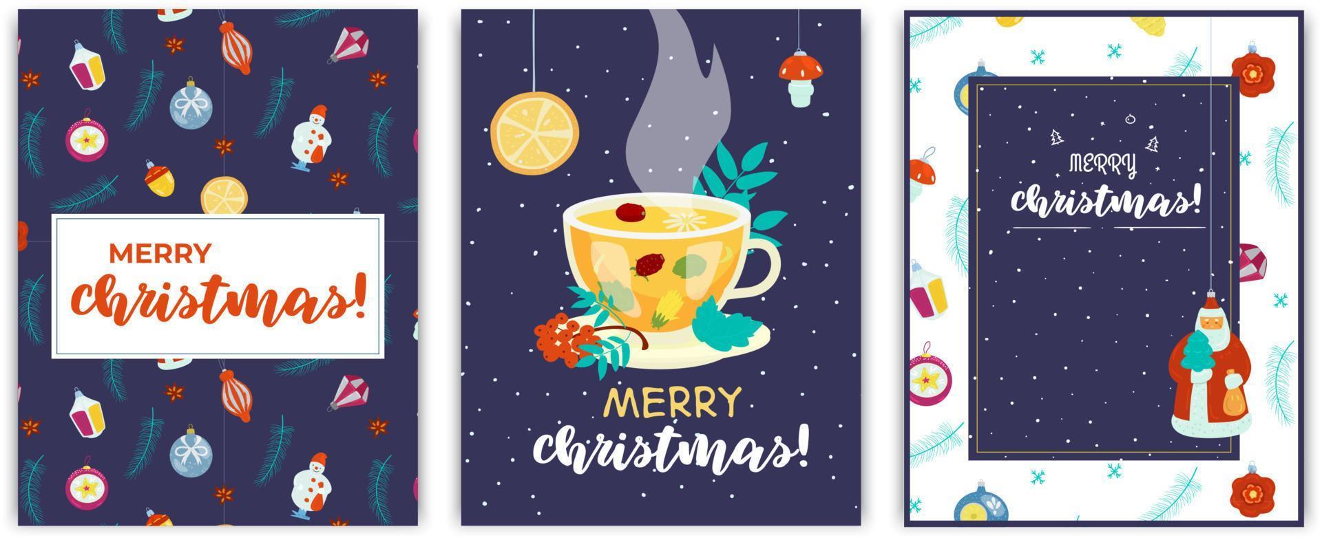 ensemble vectoriel de cartes postales de noël avec des jouets rétro, des branches de sapin et une tasse de thé sur fond bleu foncé.