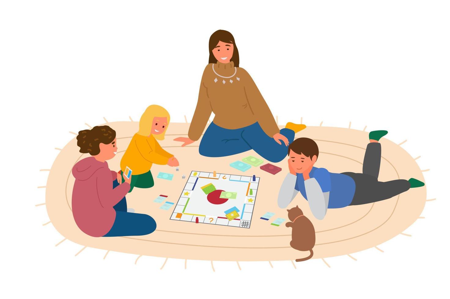 mère ou enseignant jouant à un jeu de société avec des enfants sur le sol. illustration vectorielle. isolé sur blanc. vecteur
