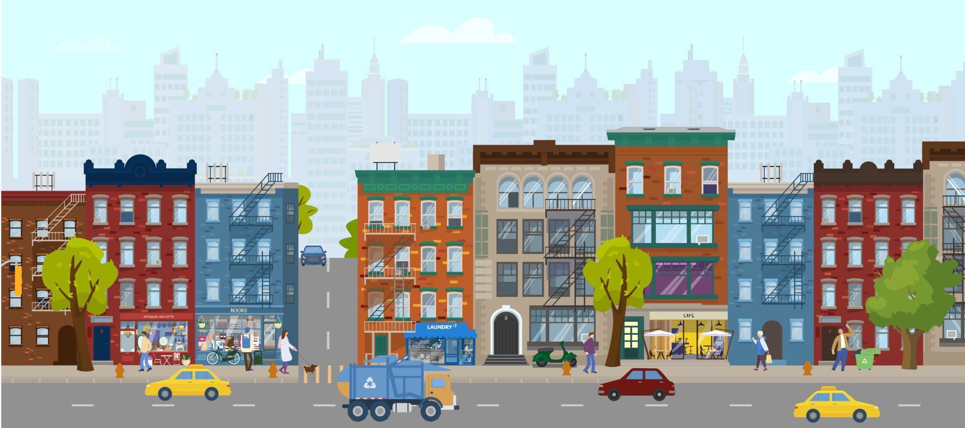 panorama horizontal de la ville d'été avec des maisons, des magasins, des gens, des voitures, des scycrapers à l'arrière-plan. rue de la ville. illustration vectorielle plane. vecteur