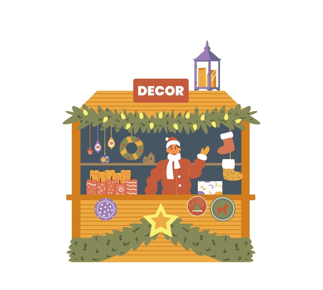boutique de rue de la foire de noël avec décorations bougies et souvenirs avec illustration vectorielle plane vendeur. isolé sur blanc. vecteur