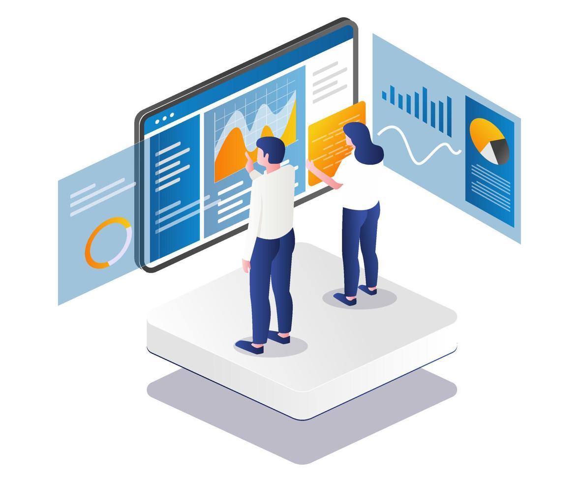 l'équipe traite les données analytiques sur le moniteur du tableau de bord vecteur