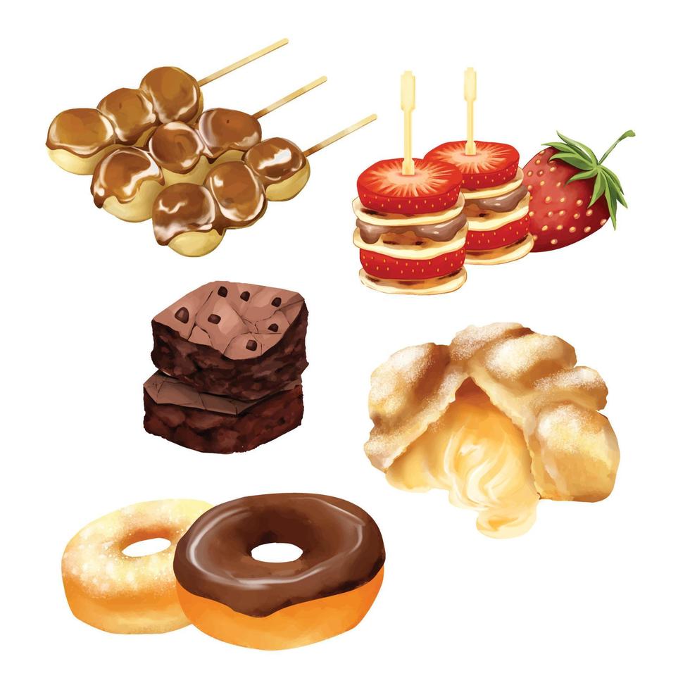ensemble de repas sucrés apéritif beignet choux crème brownie cupcake crêpe peinture illustration vectorielle vecteur