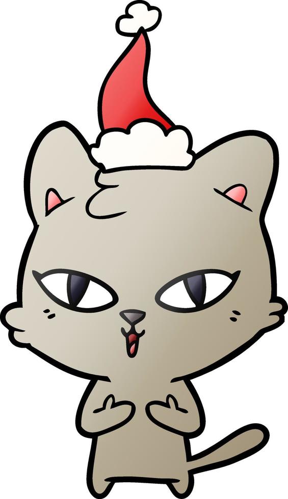 dessin animé dégradé d'un chat portant un bonnet de noel vecteur