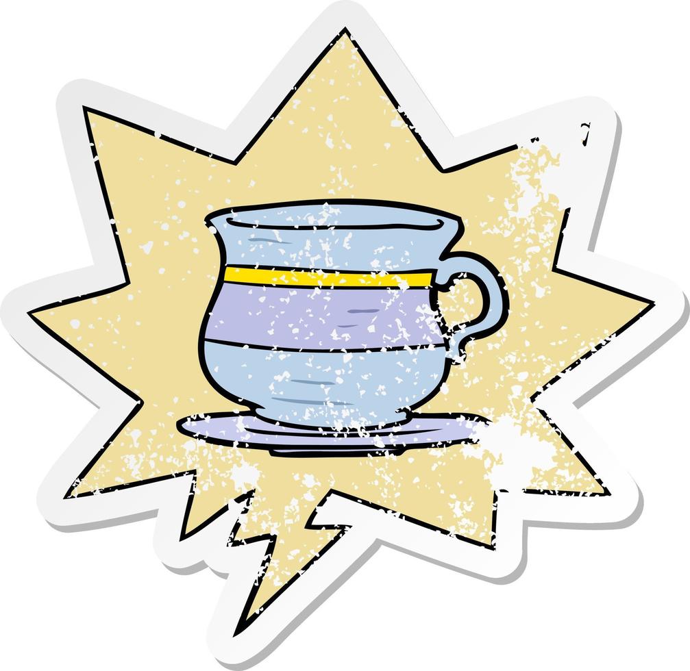 dessin animé vieille tasse de thé et bulle de dialogue autocollant en détresse vecteur