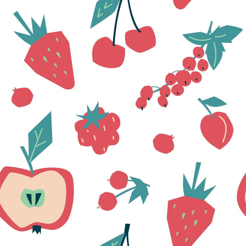 fruits et baies d'été. modèle sans couture. groseille, framboise, fraise, pomme, cerise. image vectorielle. vecteur