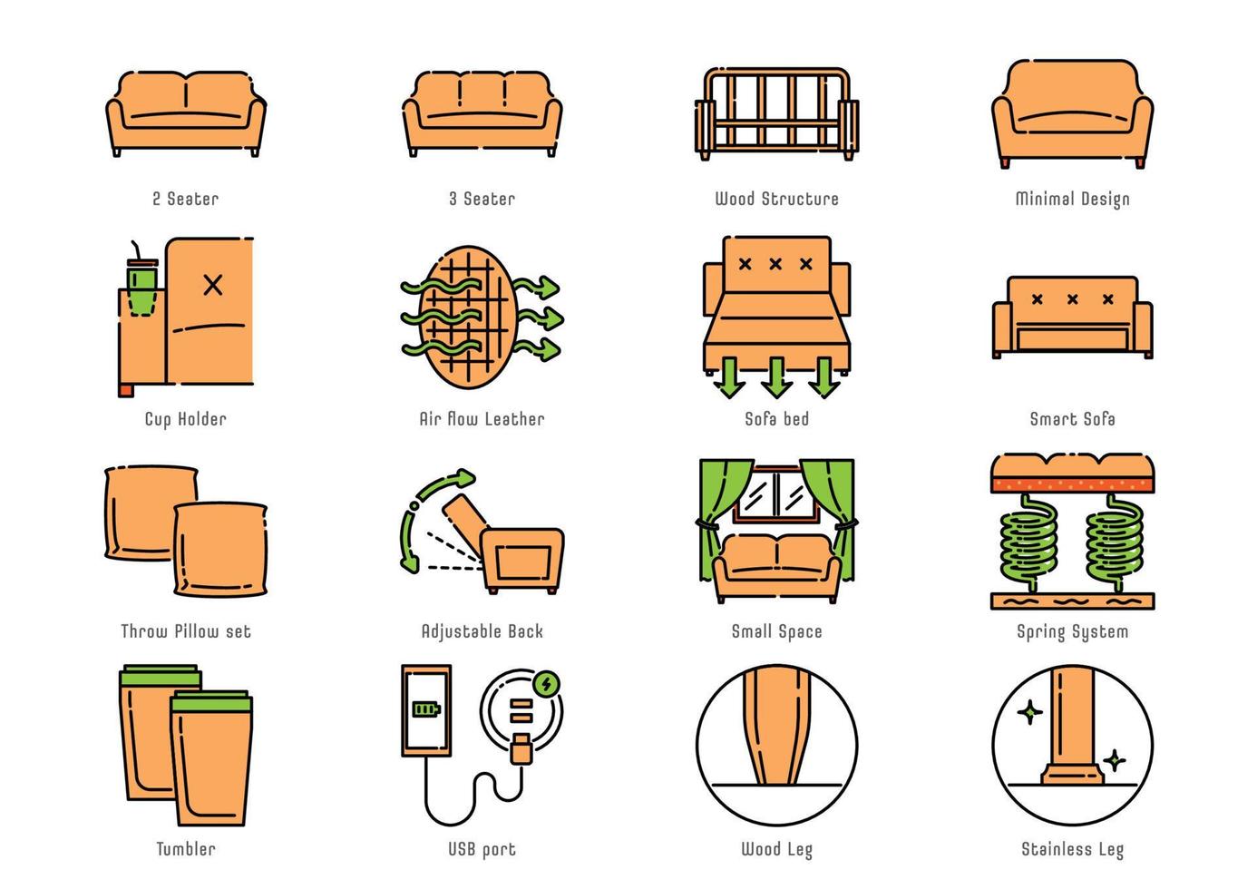 jeu d'icônes de canapé fonctionnel vecteur