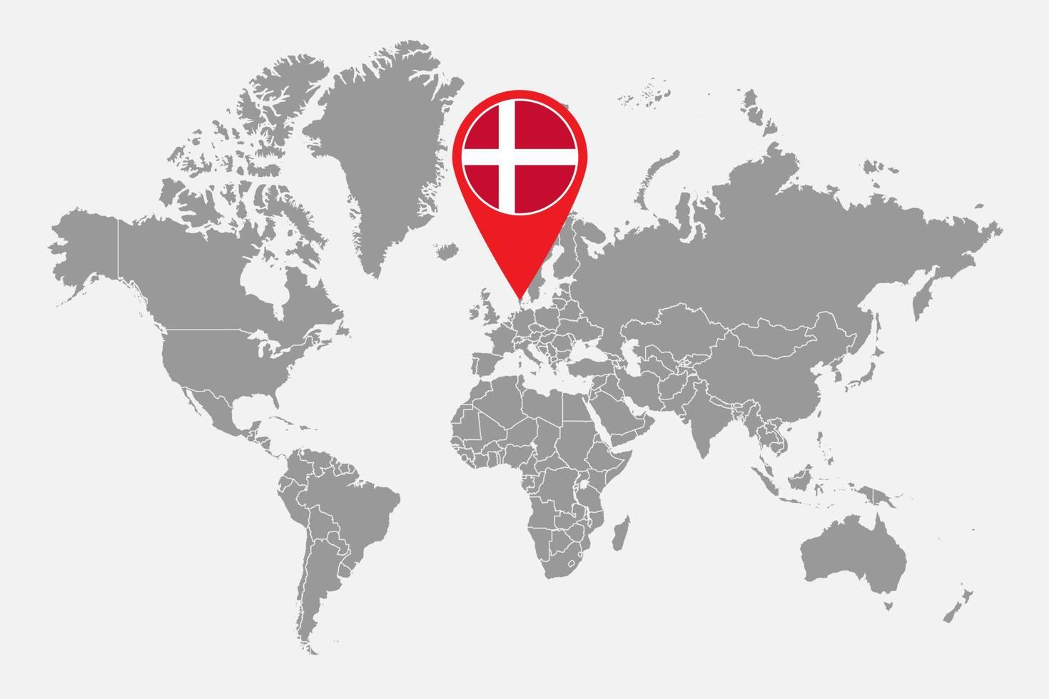 épinglez la carte avec le drapeau du danemark sur la carte du monde. illustration vectorielle. vecteur