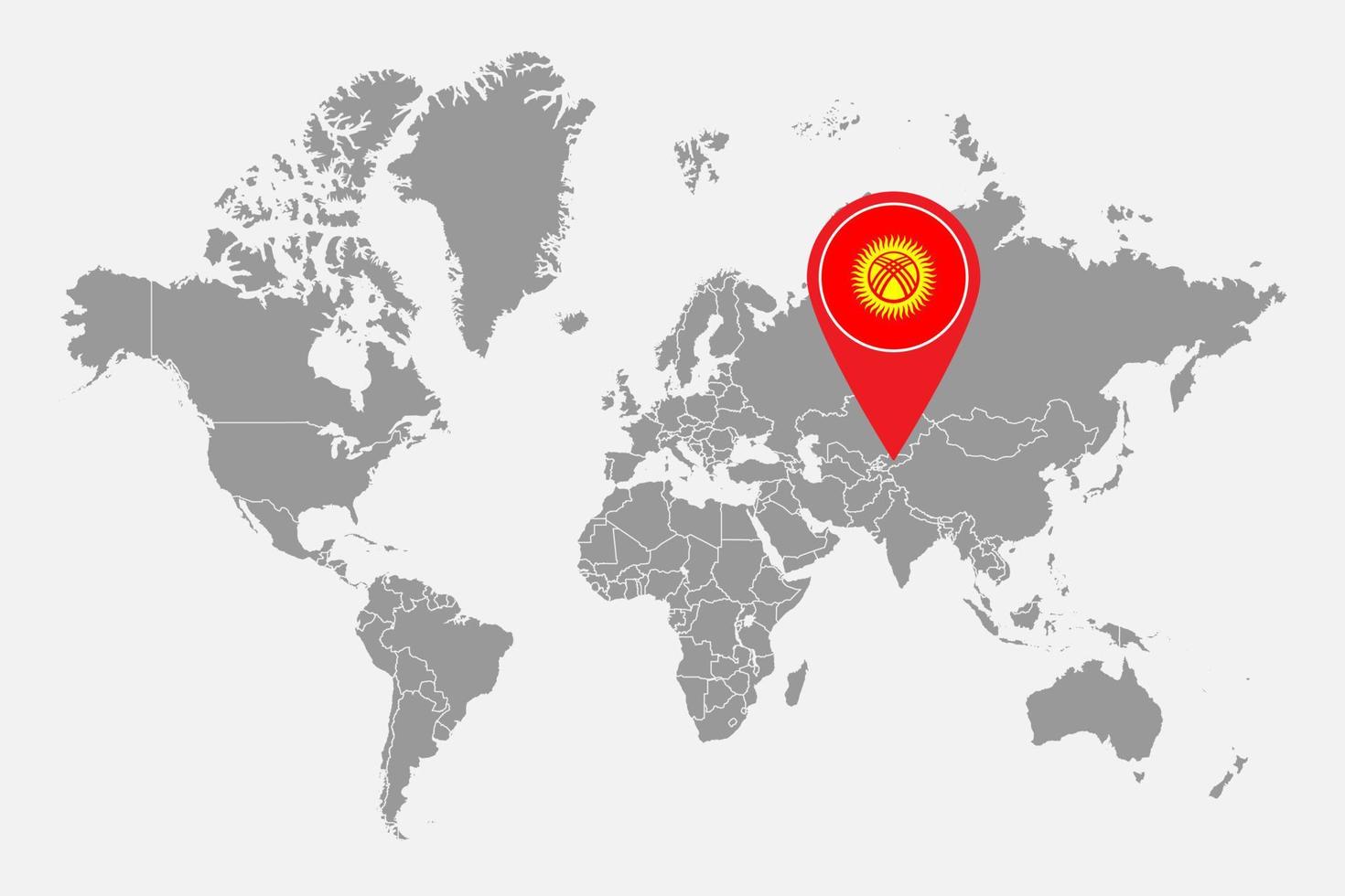 épinglez la carte avec le drapeau du kirghizistan sur la carte du monde. illustration vectorielle. vecteur