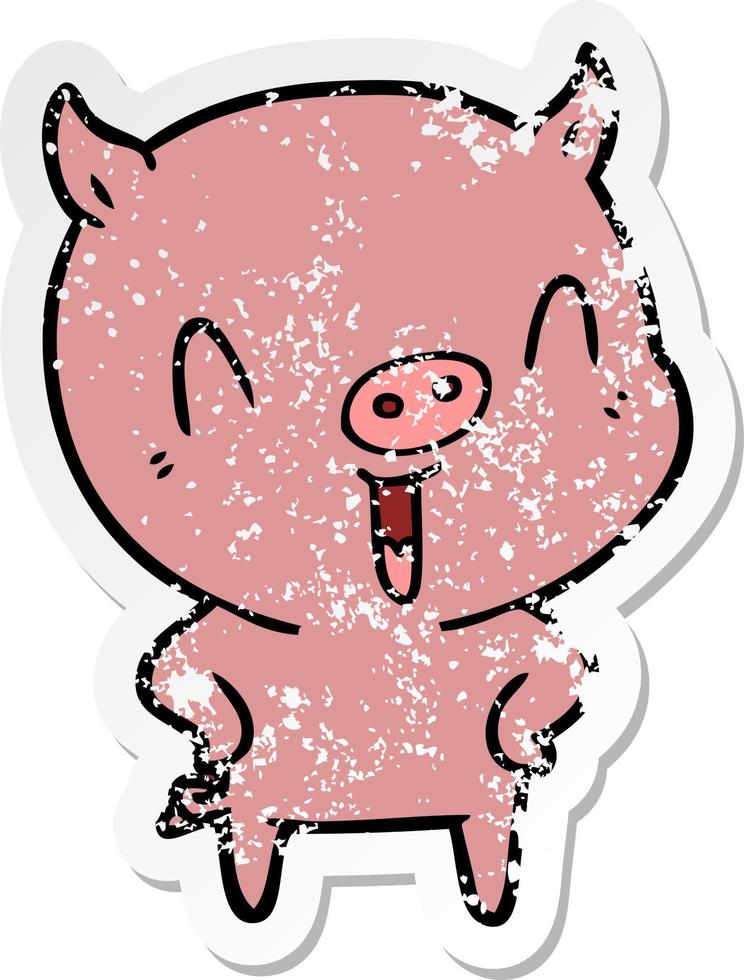 autocollant en détresse d'un cochon de dessin animé heureux vecteur