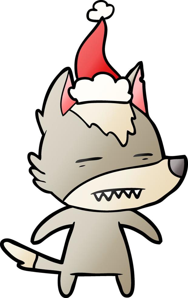 dessin animé dégradé d'un loup montrant des dents portant un bonnet de noel vecteur