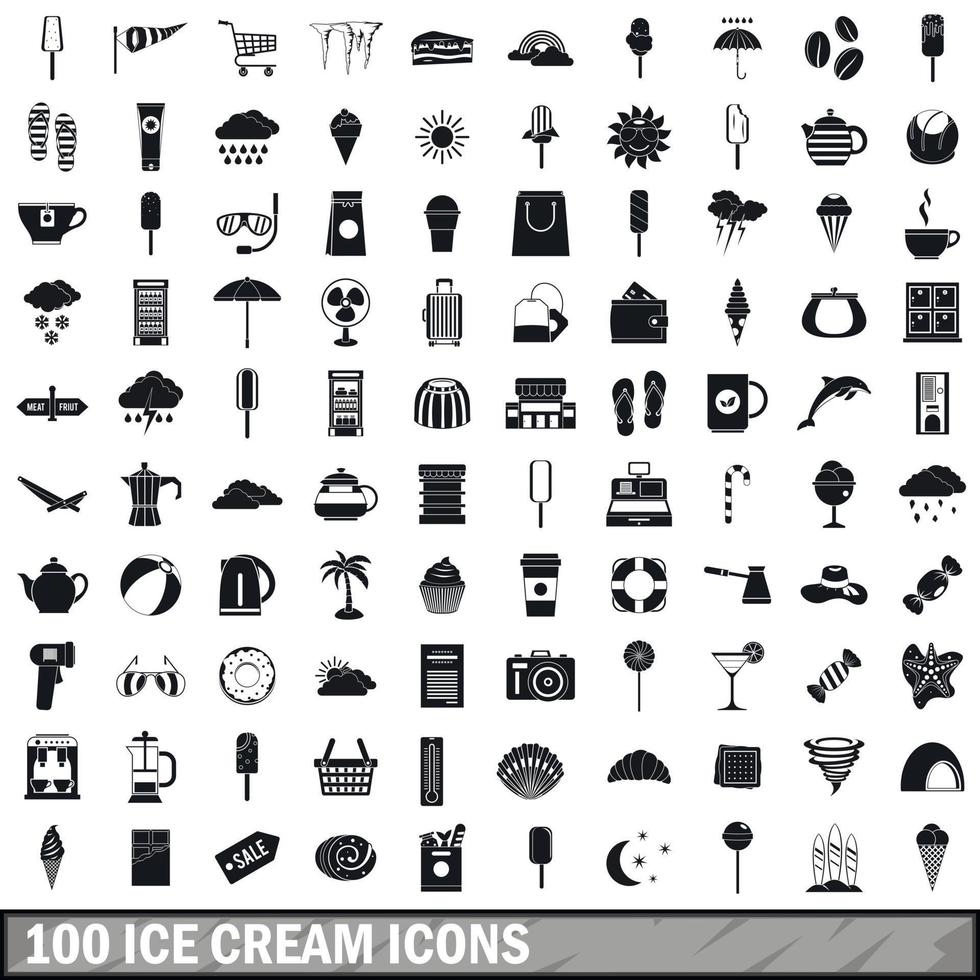 Ensemble de 100 icônes de crème glacée, style simple vecteur
