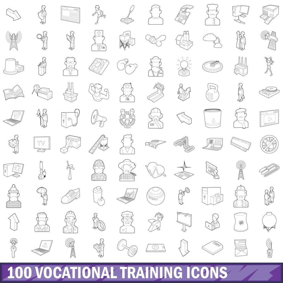 Ensemble de 100 icônes de formation professionnelle, style de contour vecteur