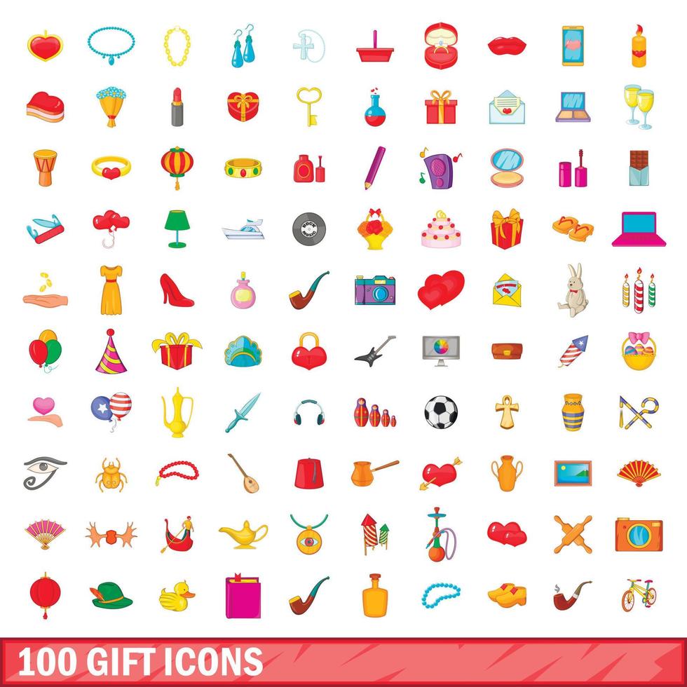 Ensemble de 100 icônes de cadeau, style cartoon vecteur