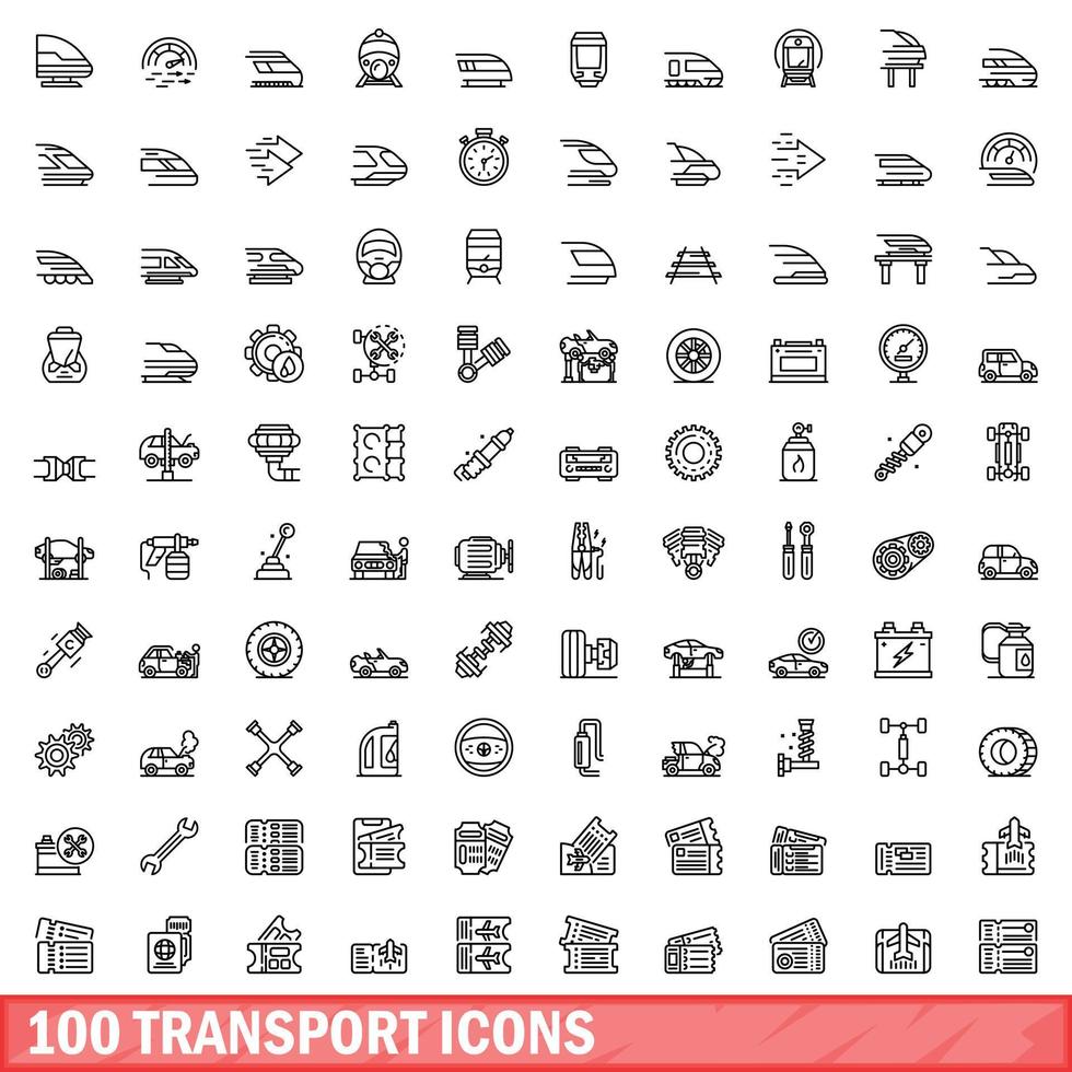 Ensemble de 100 icônes de transport, style de contour vecteur