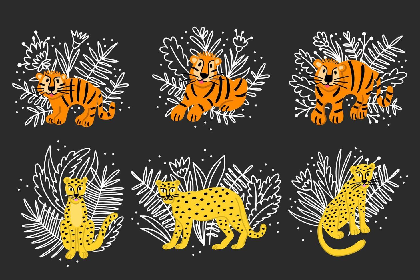 ensemble d'images clipart d'animaux sauvages, de tigres et de léopards entourés de feuilles et de fleurs tropicales vecteur