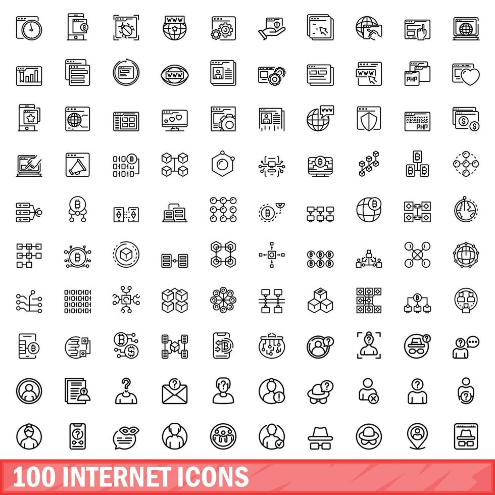 Ensemble de 100 icônes internet, style de contour vecteur