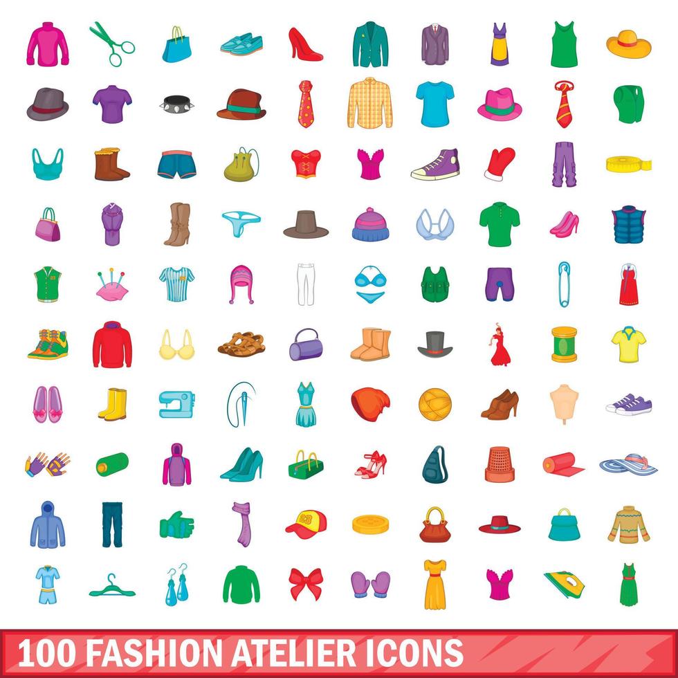 Ensemble de 100 icônes d'atelier de mode, style dessin animé vecteur