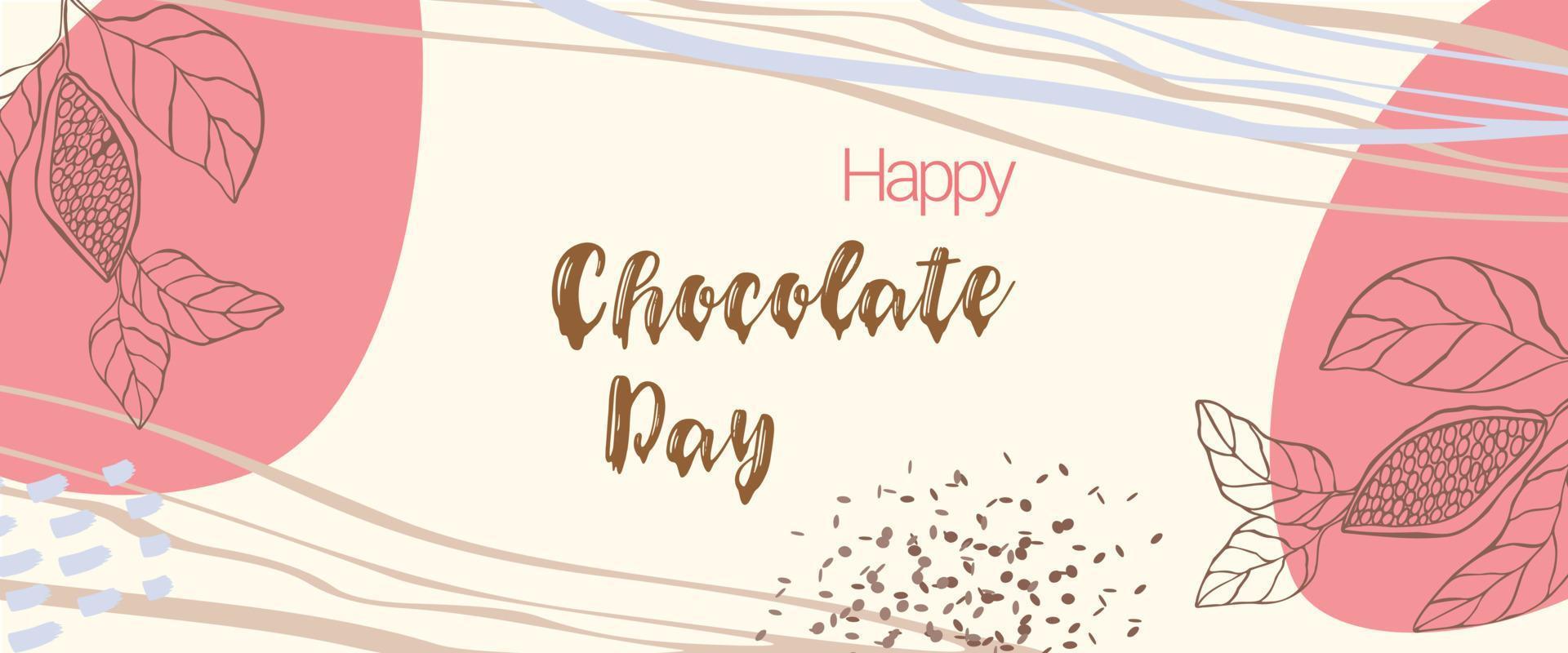 carte ou bannière de bonne fête du chocolat dans un style bohème. doodle dessiné à la main lettrage happy chocolate day avec des gouttes de chocolat et des pépites de chocolat. illustration vectorielle vecteur