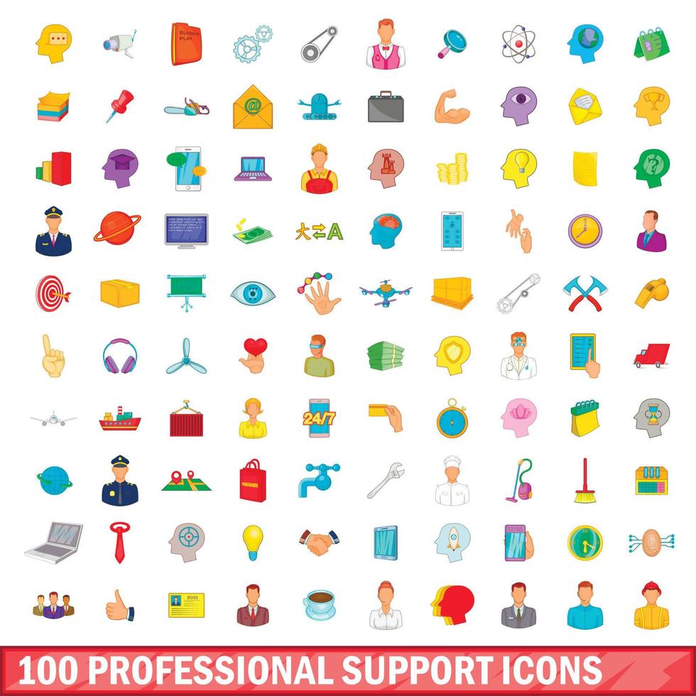 Ensemble de 100 icônes de support professionnel, style cartoon vecteur