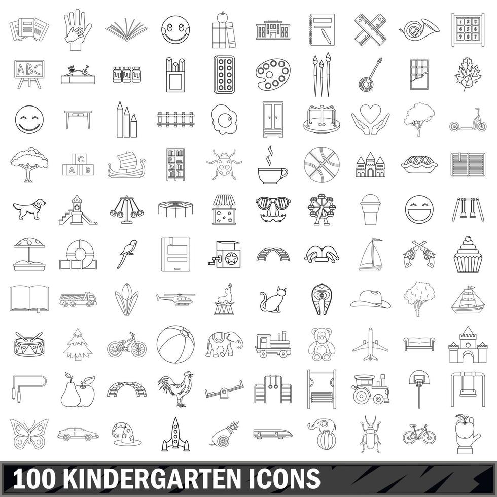 Ensemble de 100 icônes de jardin d'enfants, style de contour vecteur