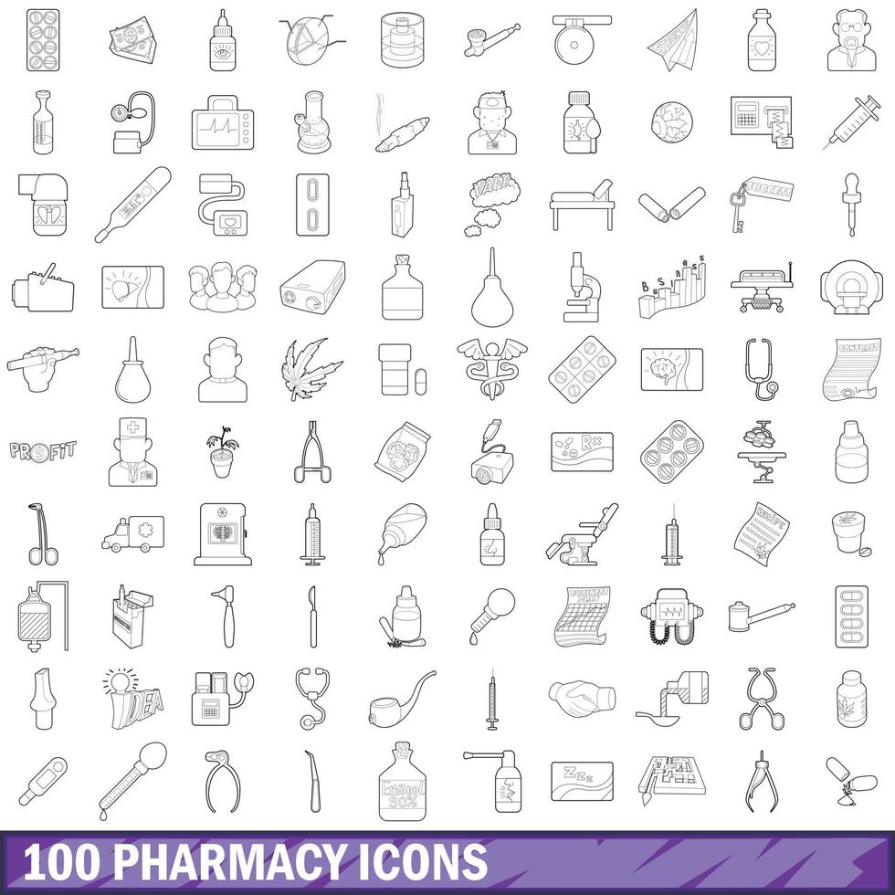 Ensemble de 100 icônes de pharmacie, style de contour vecteur