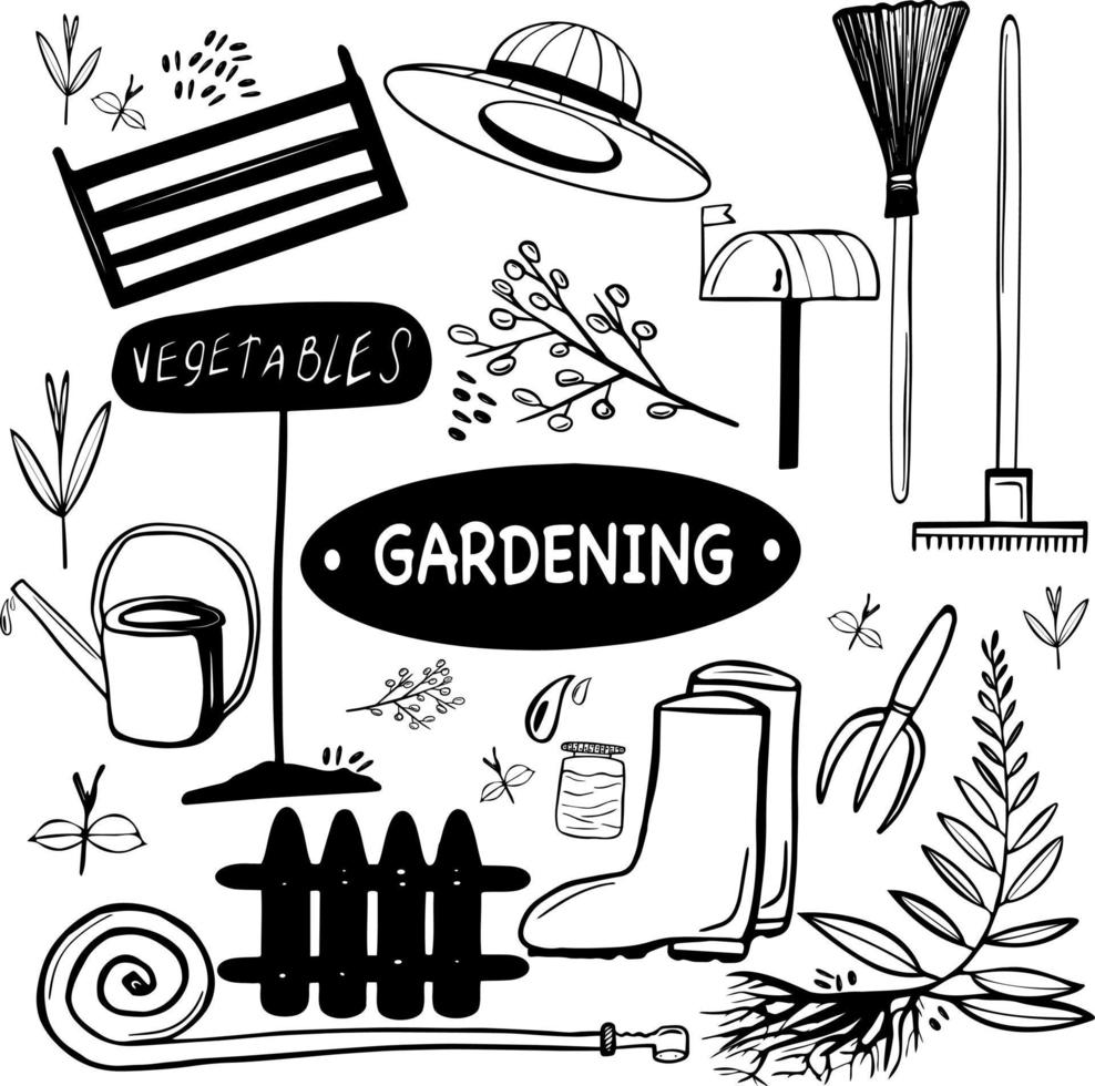 illustration vectorielle simple. éléments de jardinage sur le thème du jardin, outils de jardin, agriculture, matériel et récolte. croquis à utiliser dans la conception. collection d'icônes de contour. vecteur