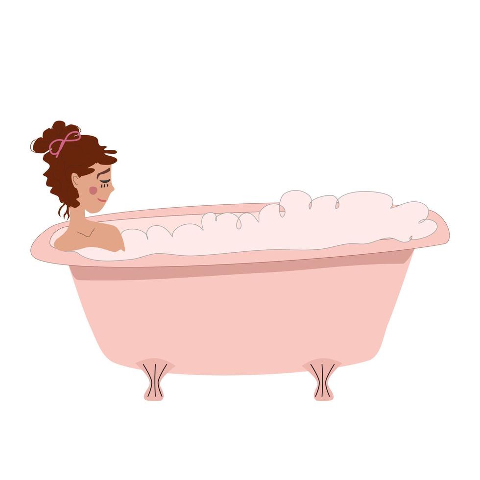 jeune femme allongée dans une baignoire avec de la mousse et des bulles et se détend, un spa à domicile et un concept de soins personnels vecteur