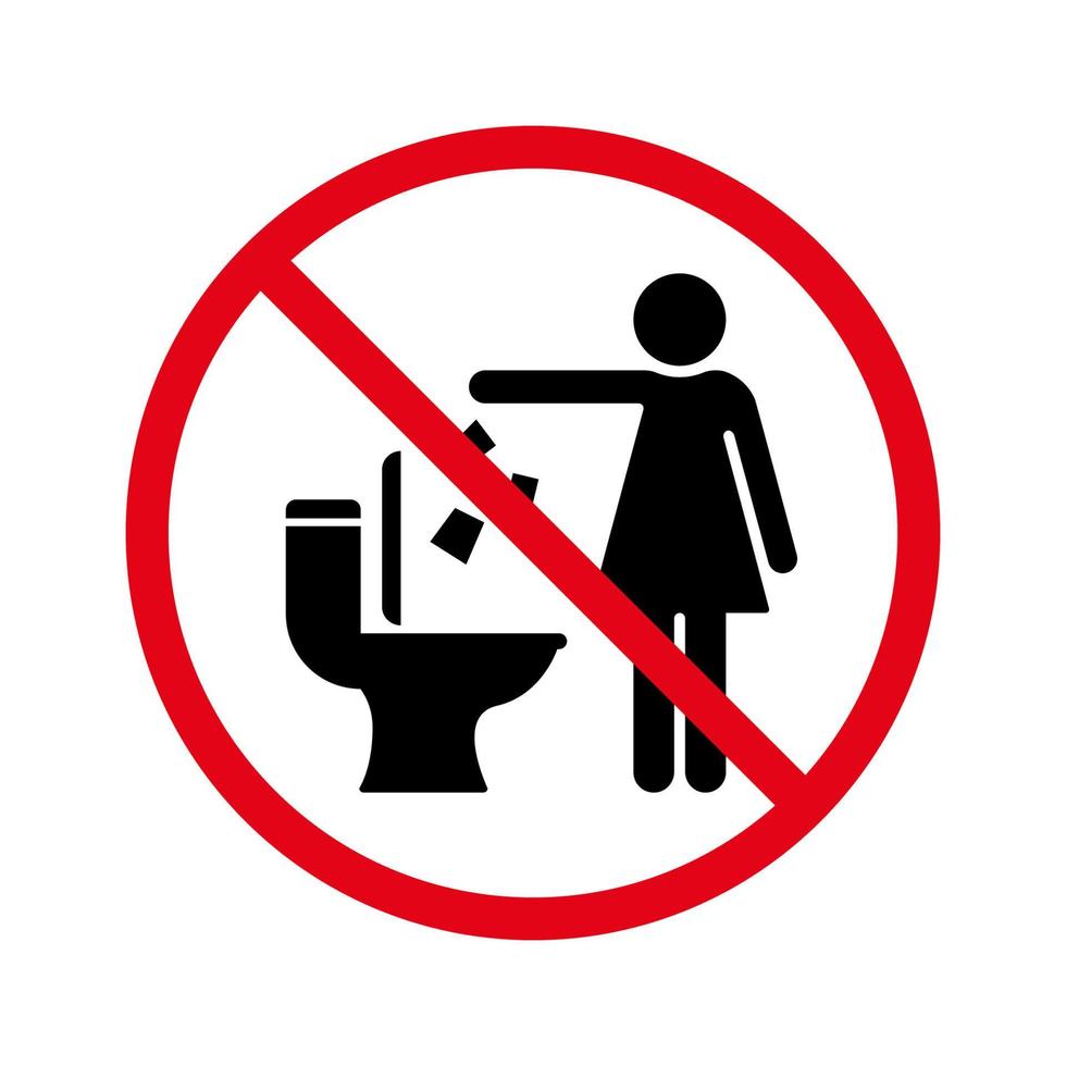 ne jetez pas de déchets et de papier dans le panneau de silhouette des toilettes. garder le symbole propre. ne jetez pas de déchets dans l'icône d'avertissement des toilettes. pictogramme interdit de chute des ordures. illustration vectorielle isolée. vecteur