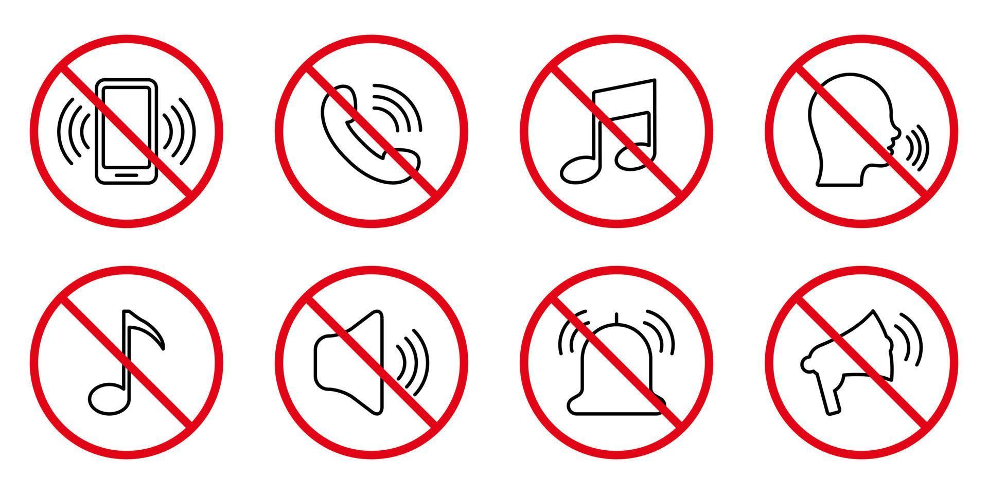 interdire le jeu d'icônes d'interdiction de la ligne noire de la voix sonore forte. pictogramme de contour sonore de haut-parleur de téléphone de bruit interdit. appeler le symbole d'arrêt rouge. remarquez le signe de mode silencieux de silence. illustration vectorielle isolée. vecteur