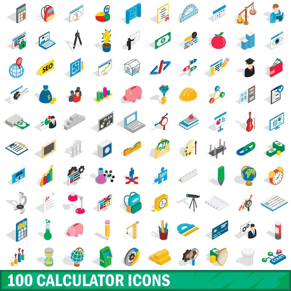 Jeu de 100 icônes de calculatrice, style 3d isométrique vecteur