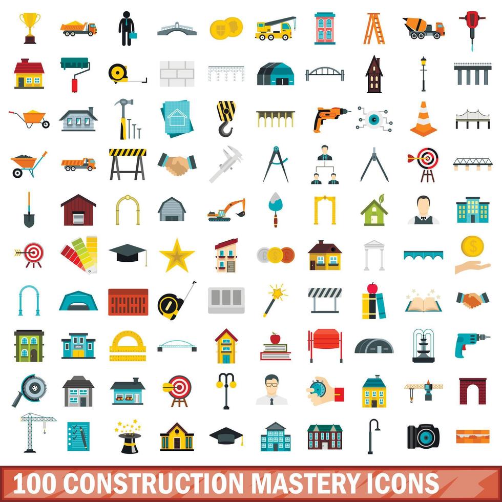 Ensemble de 100 icônes de maîtrise de la construction, style plat vecteur