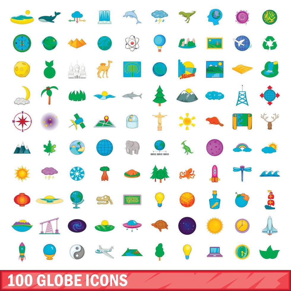 Ensemble de 100 icônes globe, style cartoon vecteur