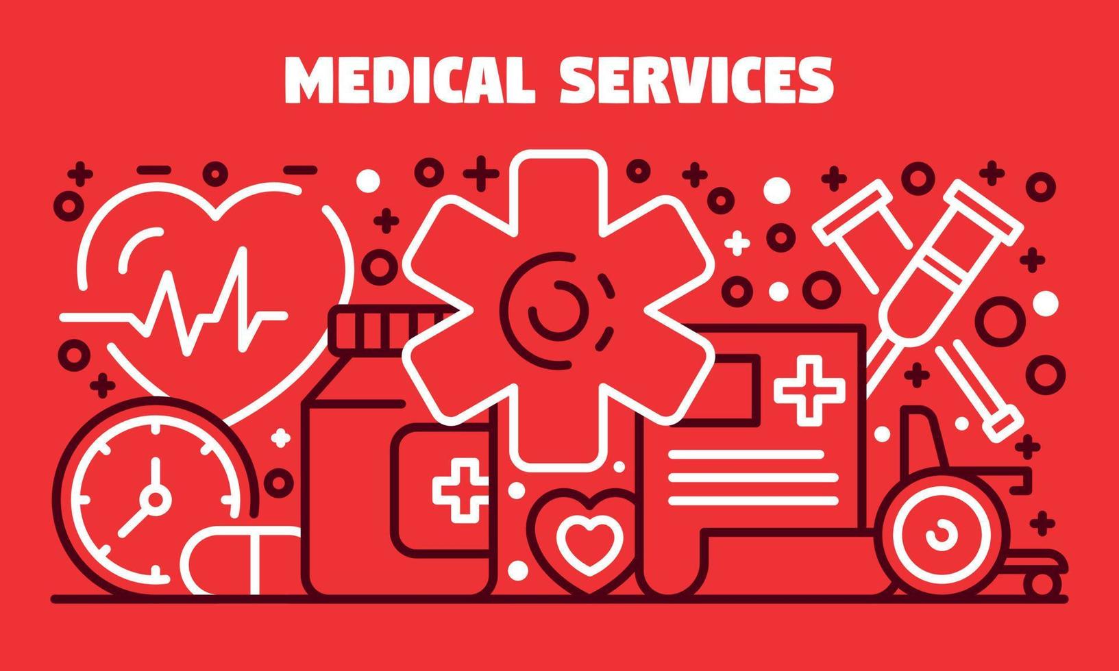 bannière de services médicaux, icônes de laboratoire médico-légal de style contour ensemble vecteur plat