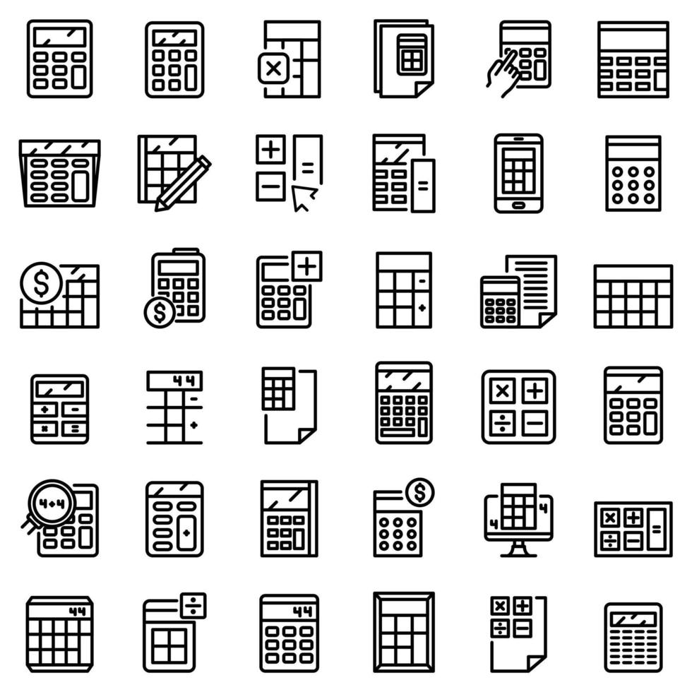 jeu d'icônes de calculatrice, style de contour vecteur