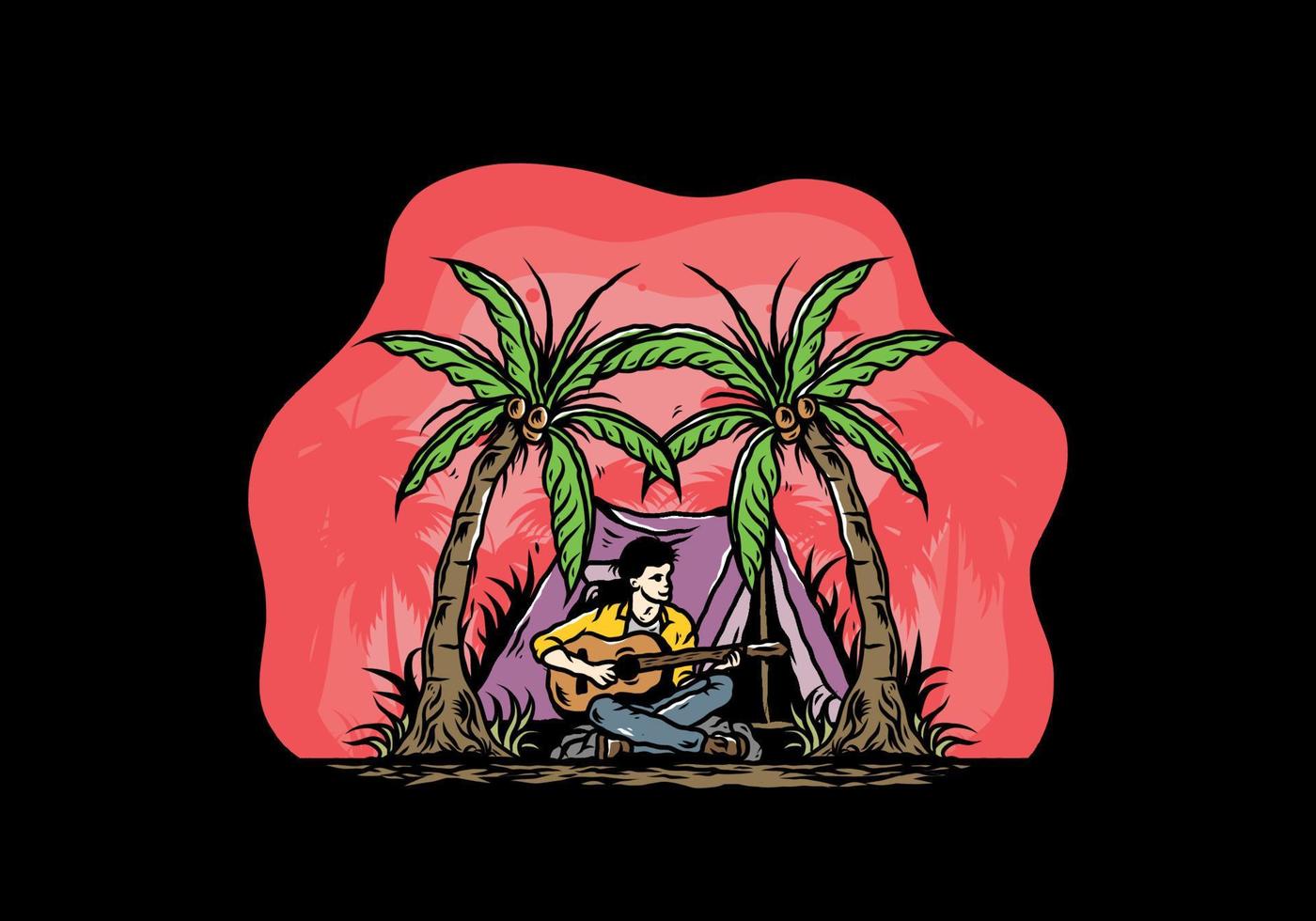 homme avec guitare devant la tente entre illustration de cocotier vecteur