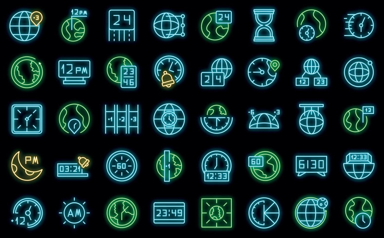 icônes de fuseaux horaires définies vecteur néon