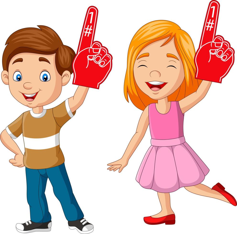 dessin animé garçon et fille montrant le numéro un avec un doigt en mousse vecteur