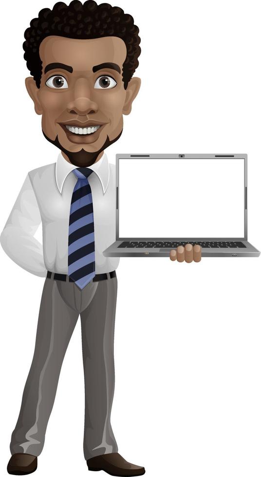 dessin animé heureux homme d'affaires tenant un ordinateur portable vecteur
