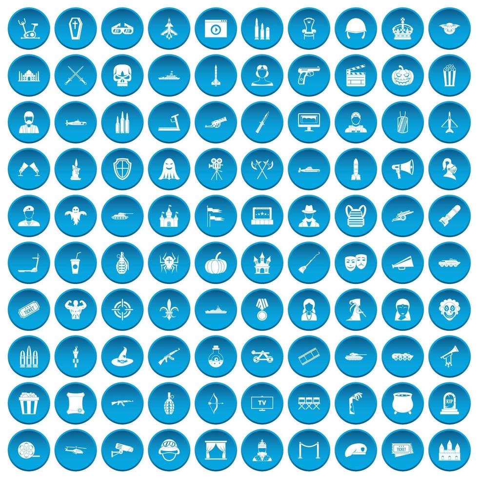 100 icônes de film bleu vecteur